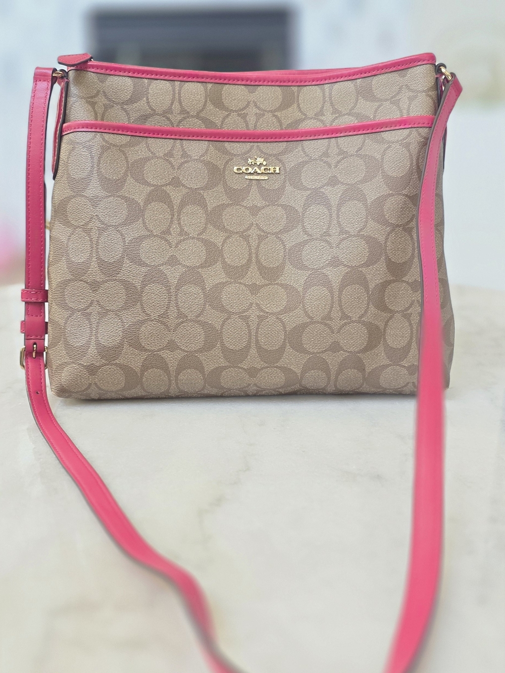 Coach Signature File Crossbody Bag in Khaki Signature Canvas with Fuchsia Pink